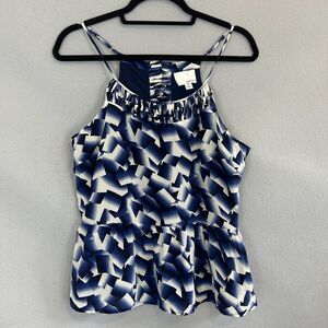 Greylin 100% Silk Halter Tank Top Medium Blue White Geometric Sleeveless Peplum